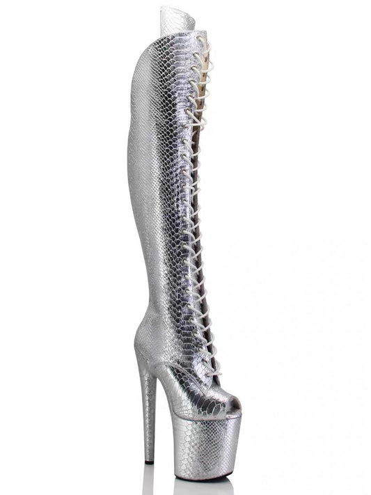 Silver snake print knee high boots with knee pads