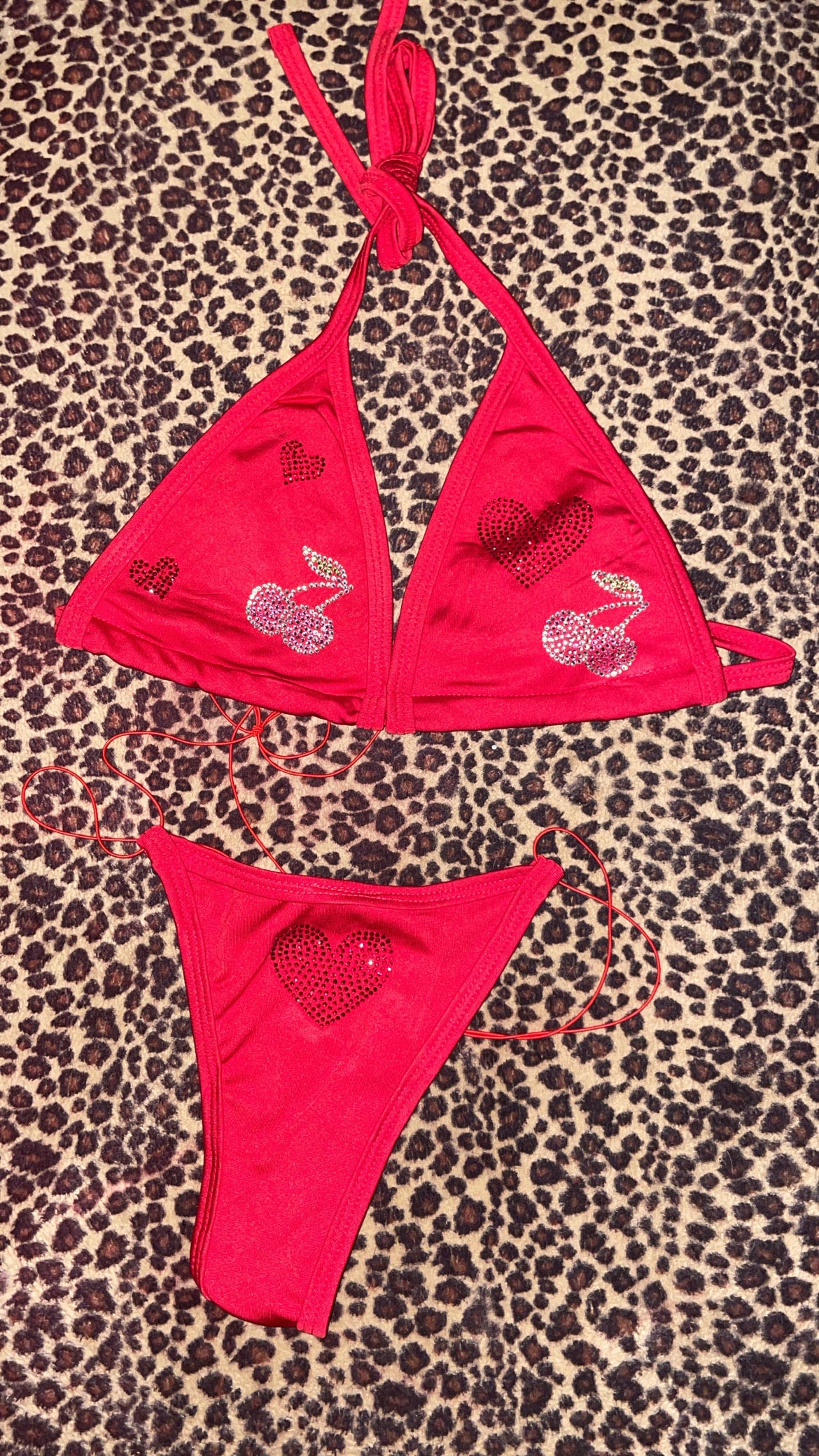 Valentines love heart and cherry rhinestone bikini - no slip