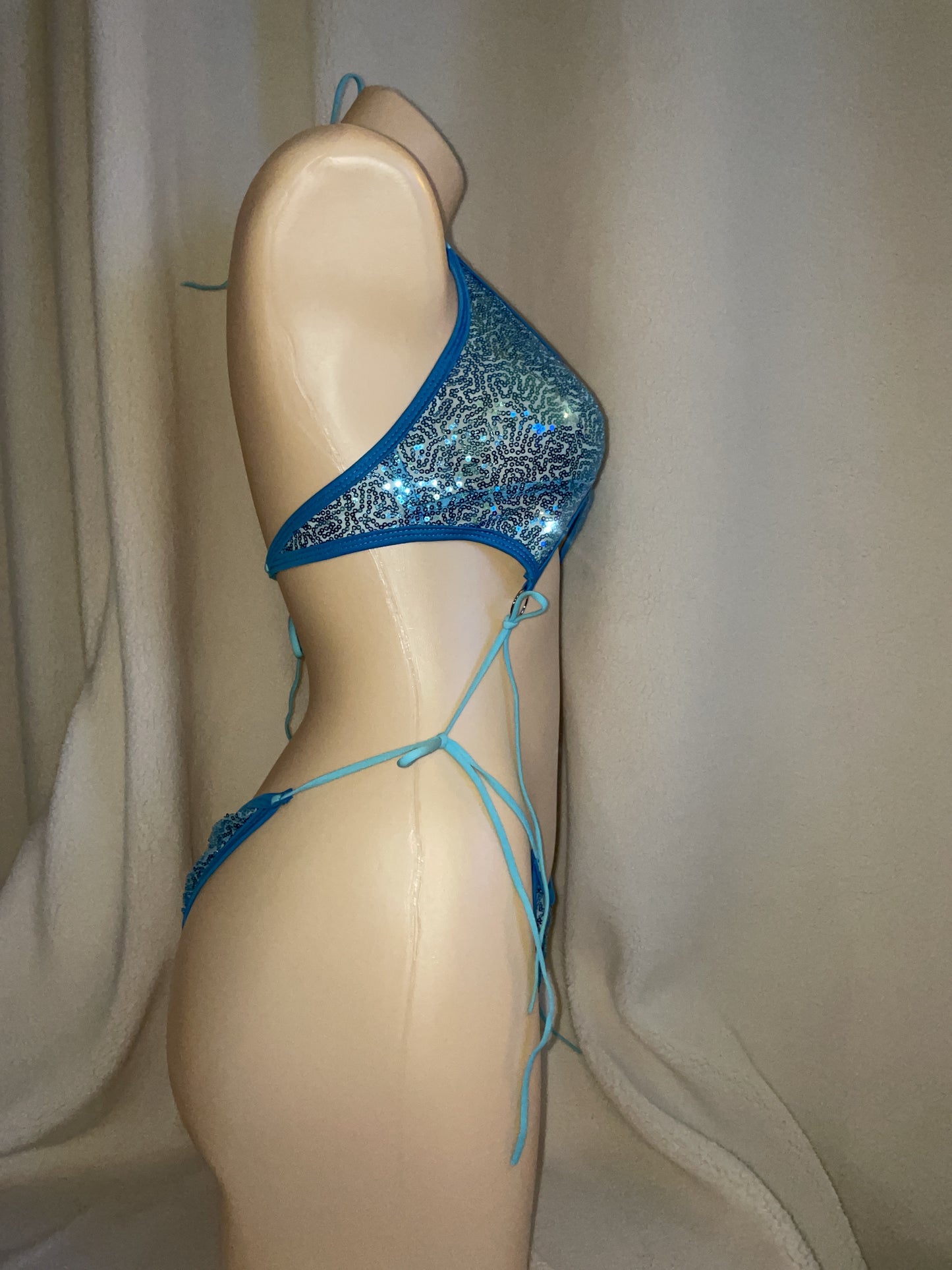 Blue sequin bikini tie bodysuit