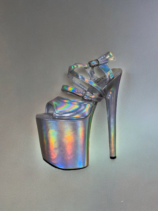 Holographic silver sandals 8 inch heels