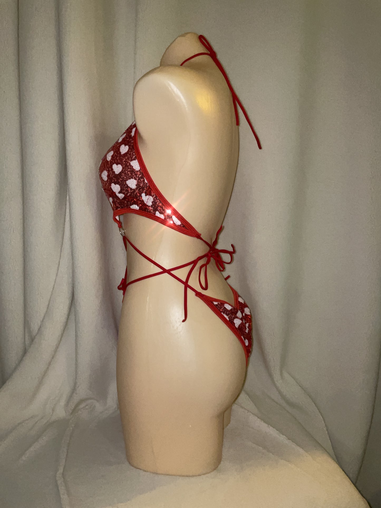 Love heart sequin bikini tie bodysuit