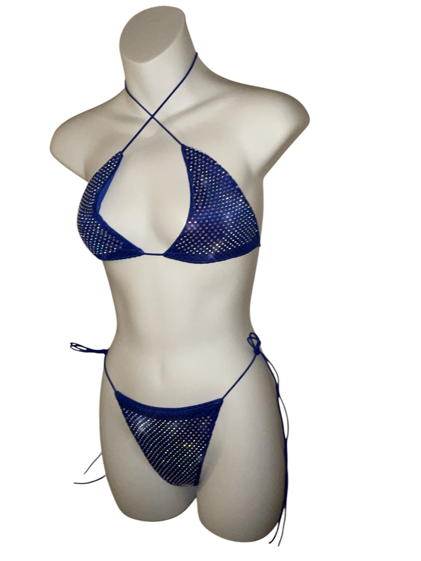 Rhinestone fishnet bikini blue