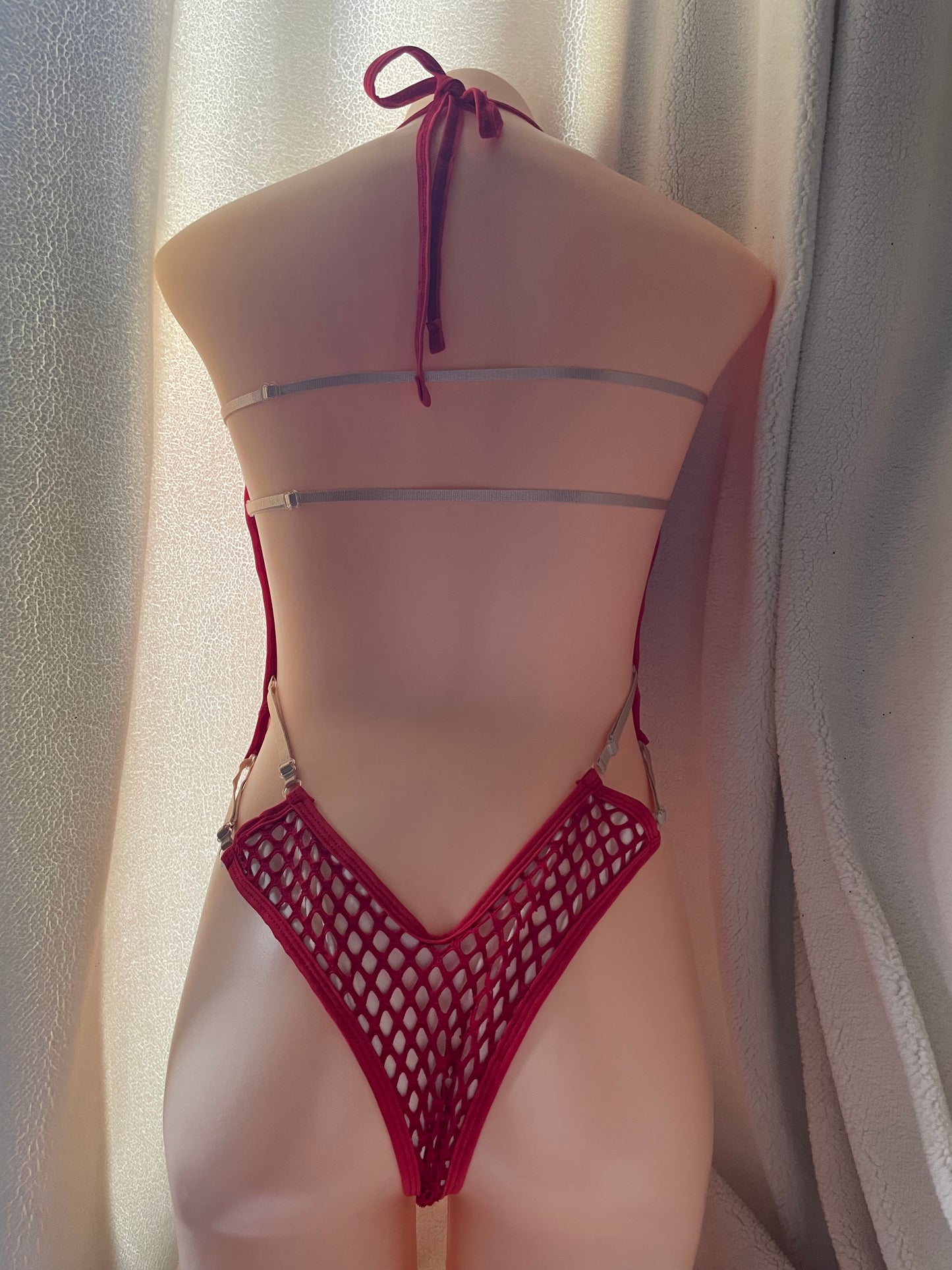 Double bow tie bodysuit - red fishnet