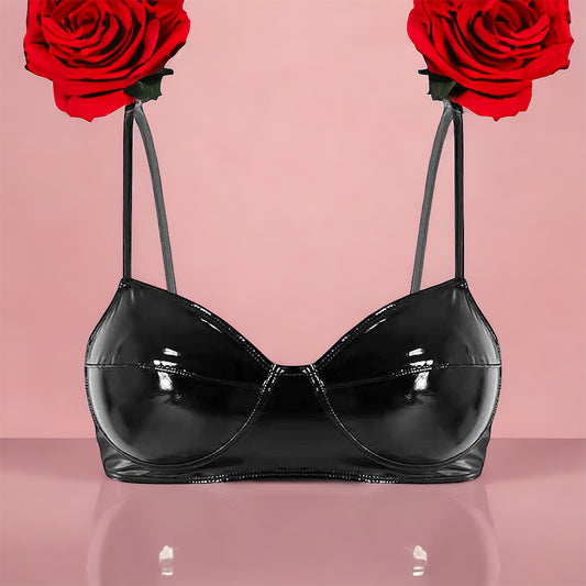 PU black patent faux leather bra