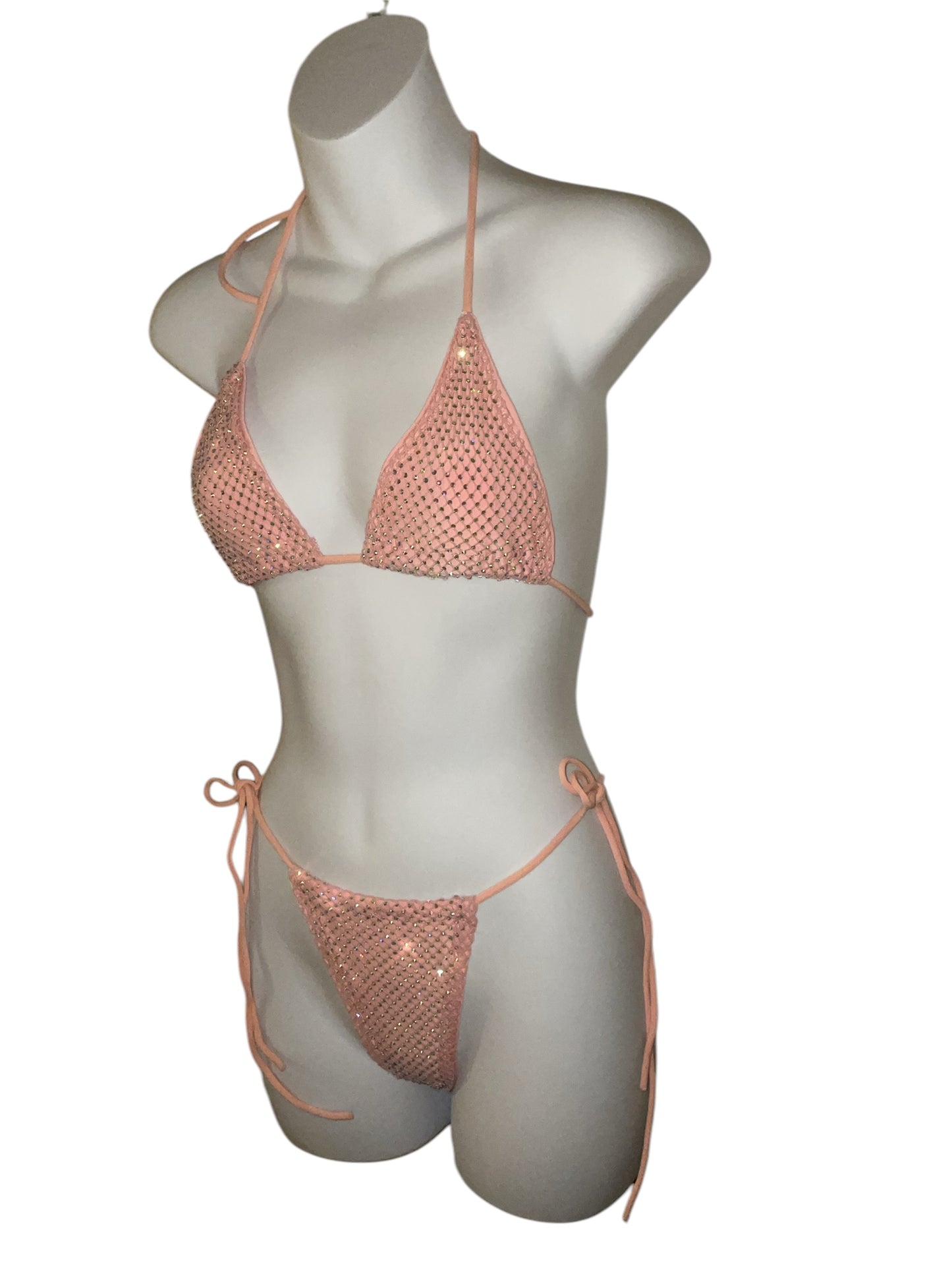 Rhinestone fishnet bikini pink