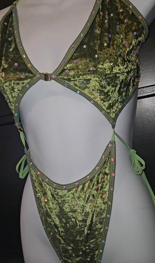 Rhinestone bikini tie bodysuit