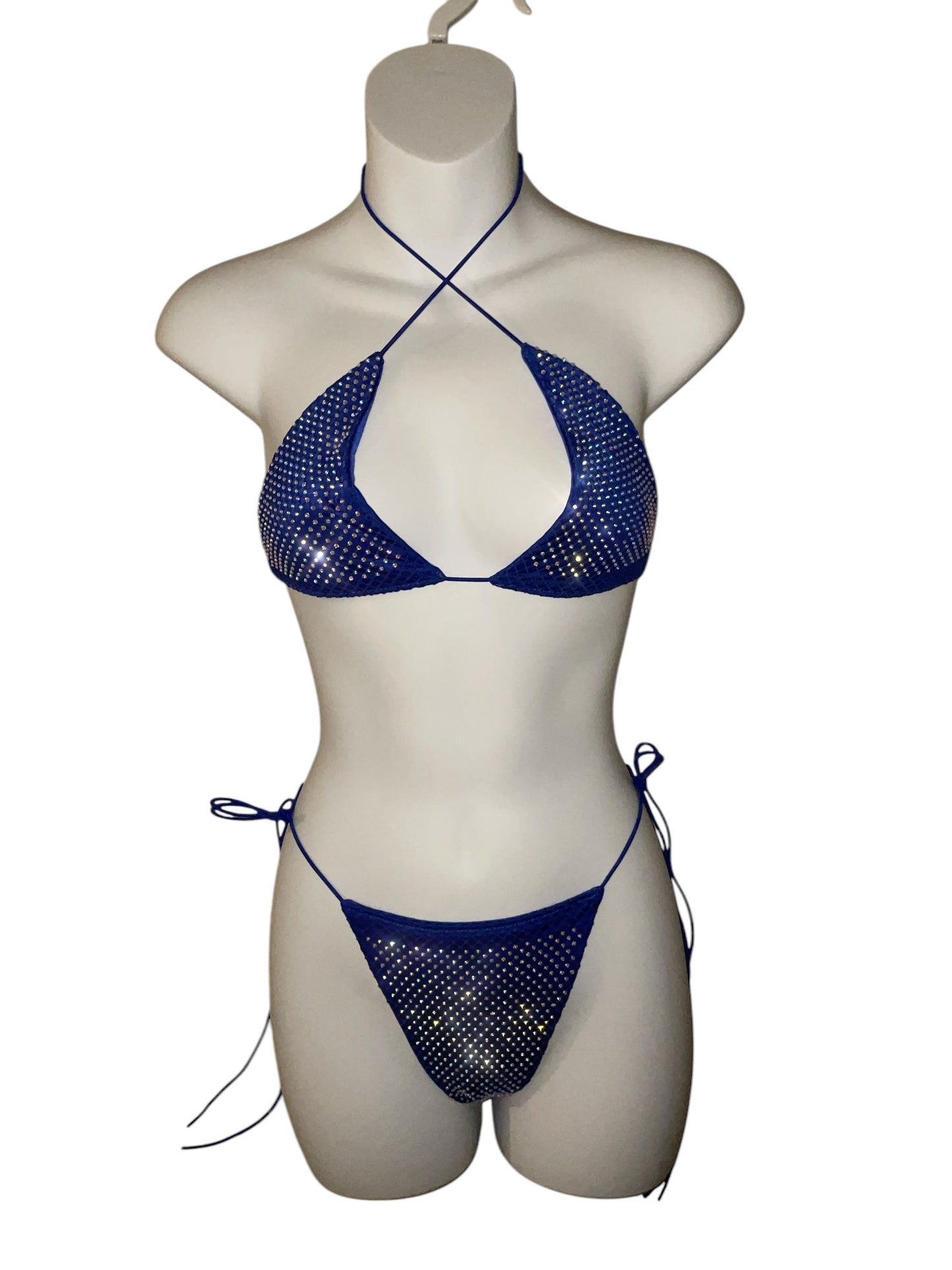 Rhinestone fishnet bikini blue