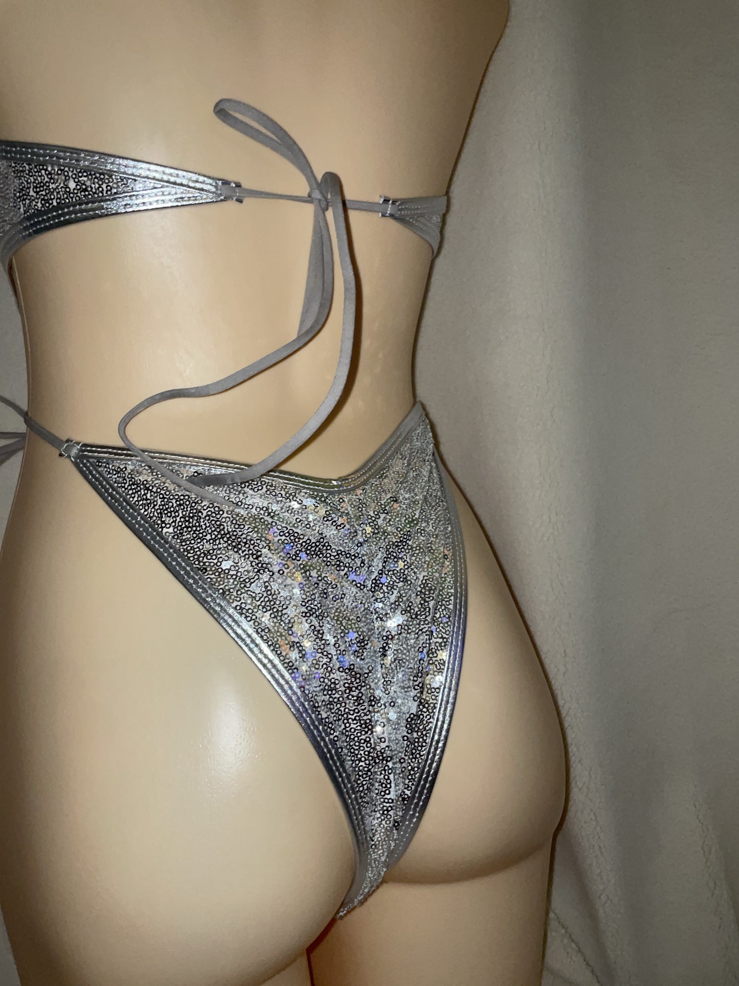 Silver sequin bikini tie bodysuit