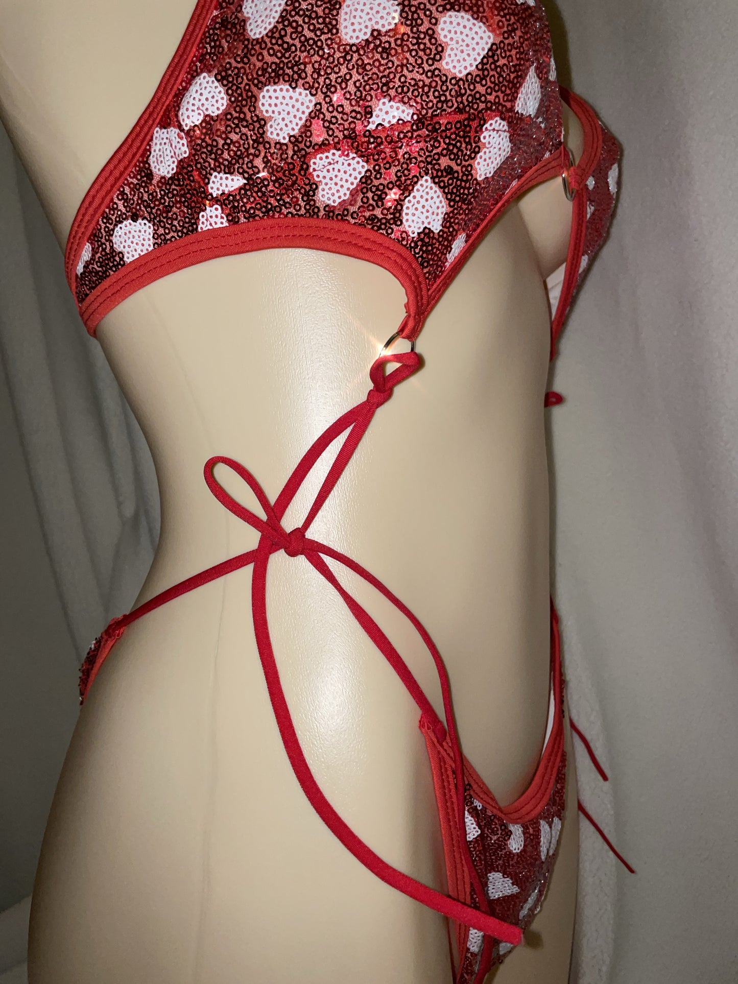 Love heart sequin bikini tie bodysuit