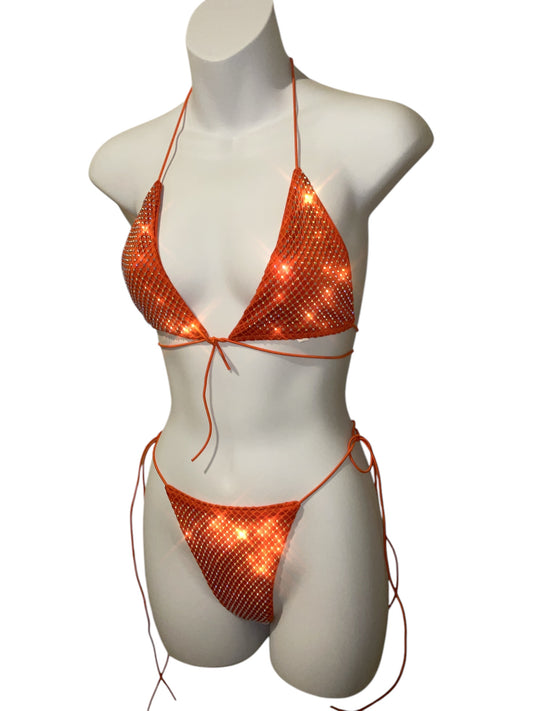 Rhinestone fishnet bikini red