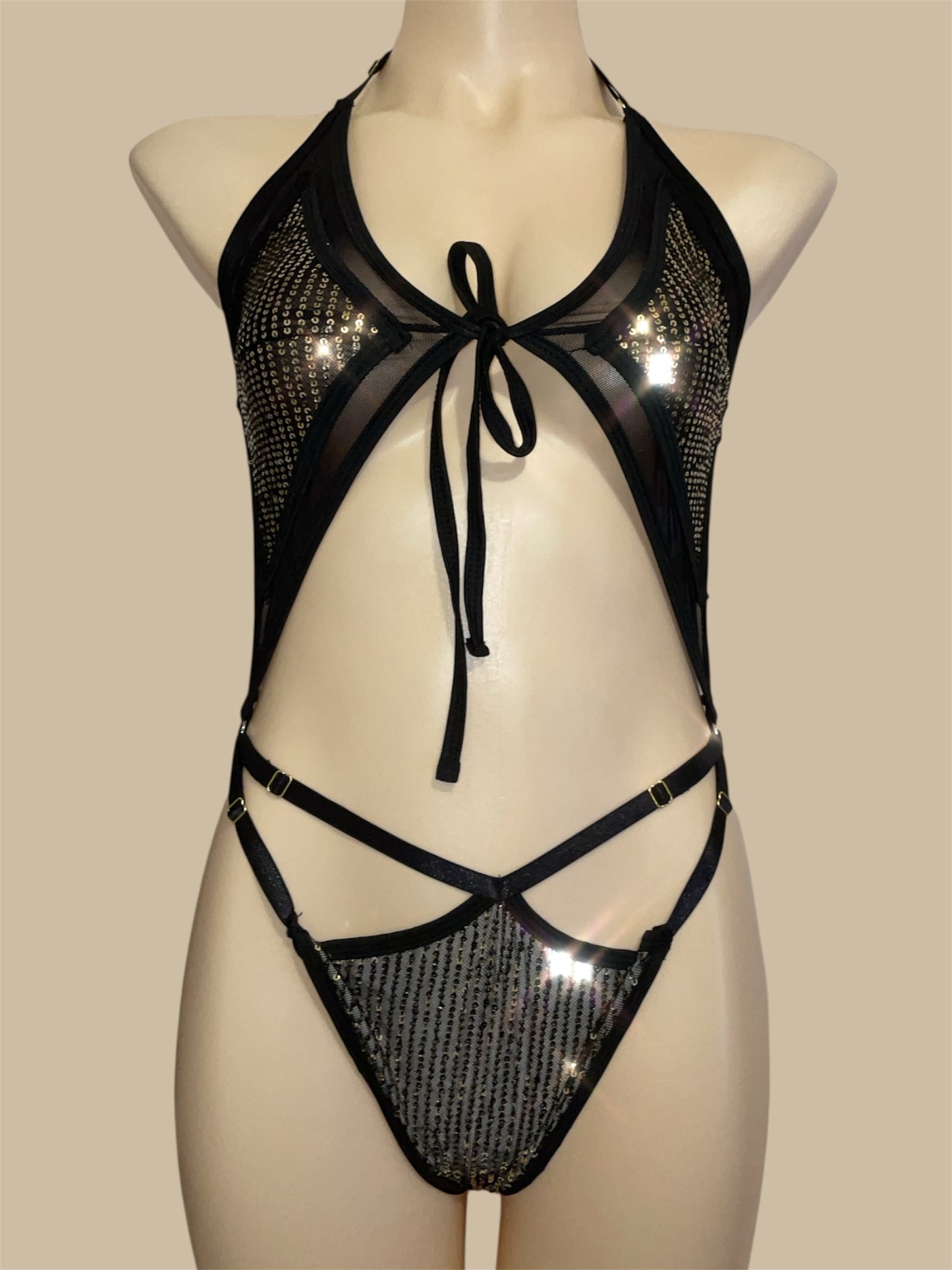 Baby bodysuit - 🥂 Golden Hour – black & gold sequins on sultry black mesh