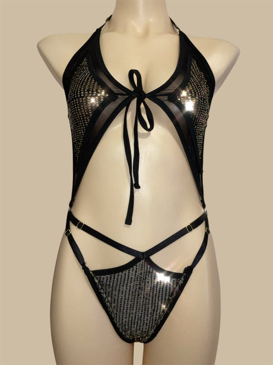 Baby bodysuit - 🥂 Golden Hour – black & gold sequins on sultry black mesh