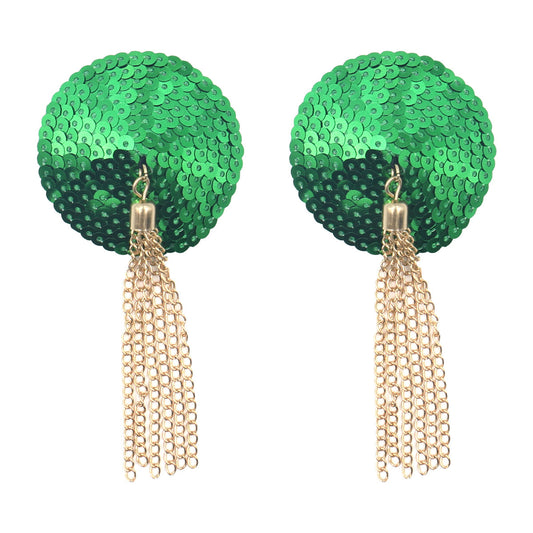 Green sequin pasties with gold tussles - reusable