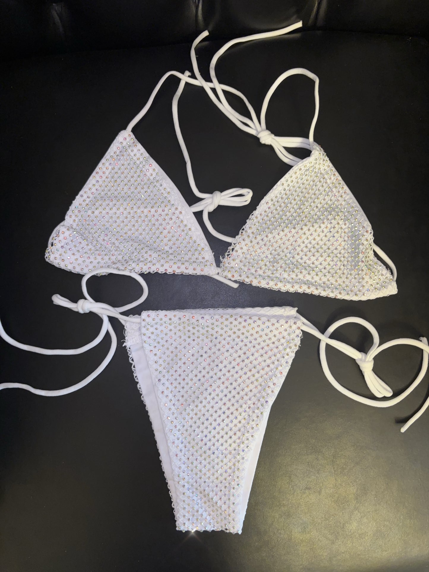 Rhinestone fishnet bikini white