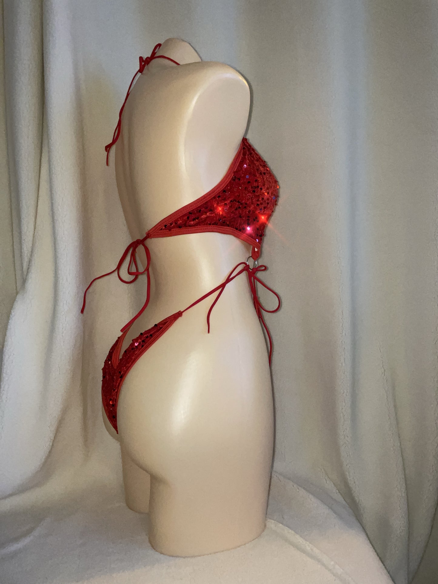 Red velvet sequin bikini tie bodysuit