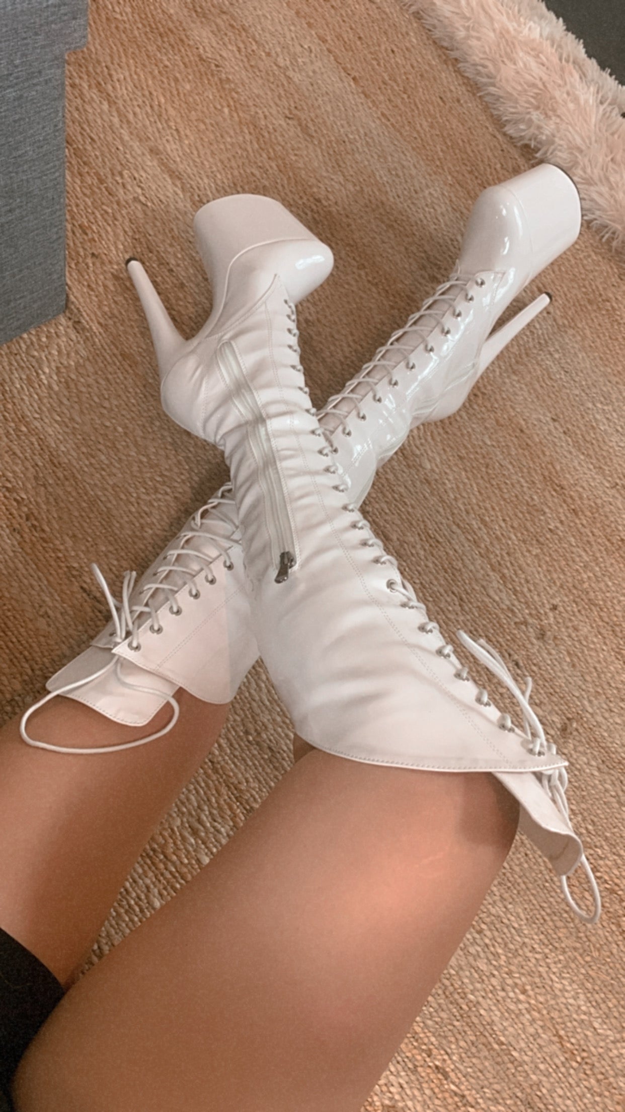 White knee high boots with knee pads