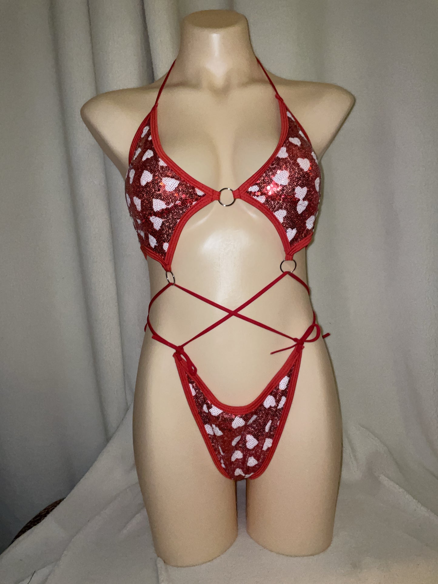 Love heart sequin bikini tie bodysuit