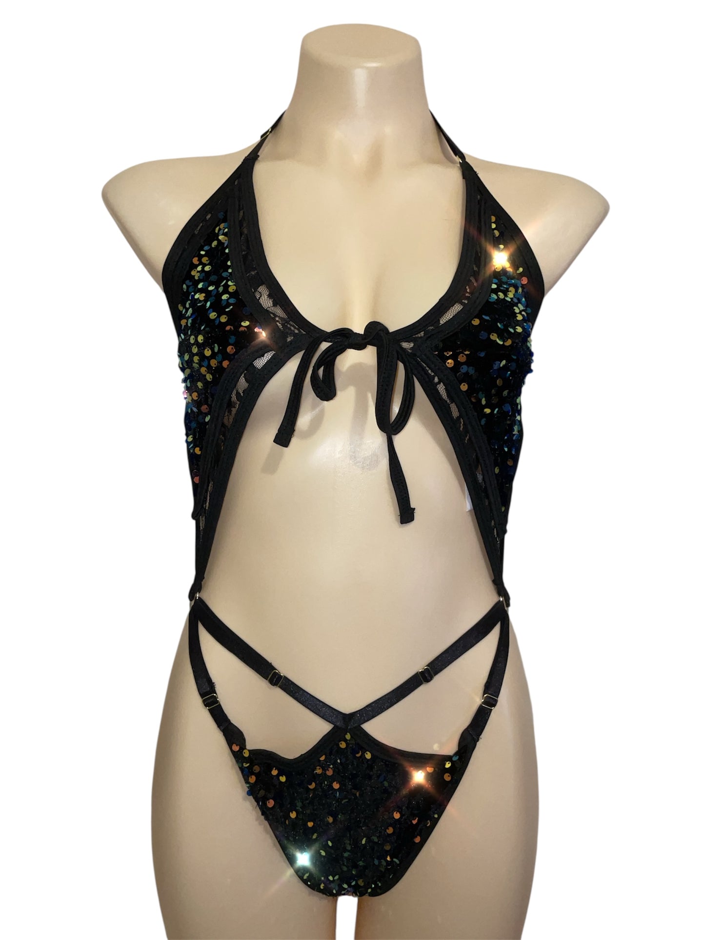 Baby bodysuit - Midnight Mirage – black velvet iridescent sequins on dreamy black lace