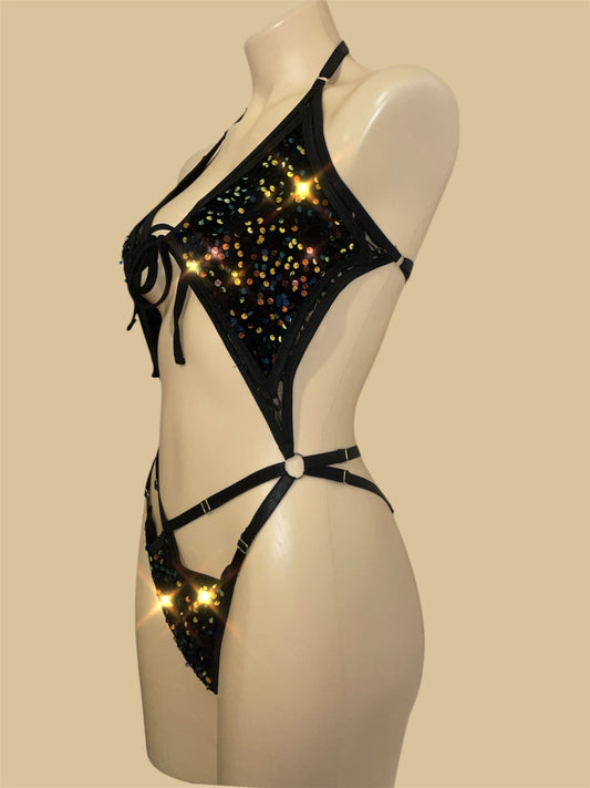 Baby bodysuit - Midnight Mirage – black velvet iridescent sequins on dreamy black lace