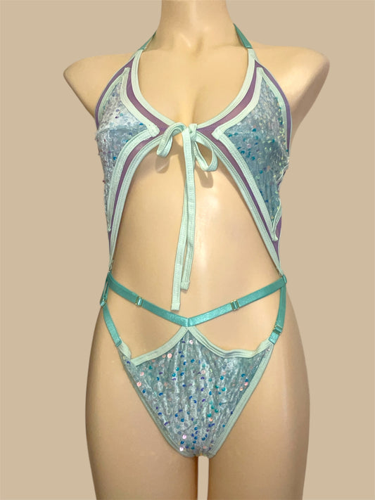 Baby bodysuit - Mint To Be – minty green sequins on lilac mesh