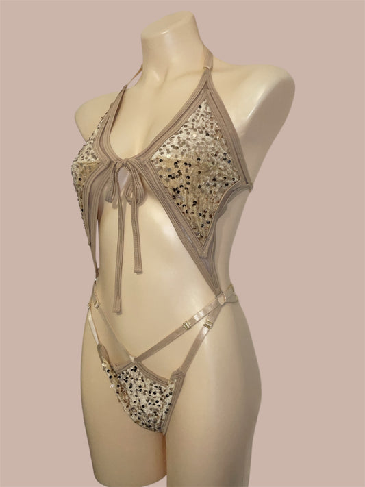 Baby bodysuit - Champagne Cloud – beige & gold sequins on creamy beige mesh