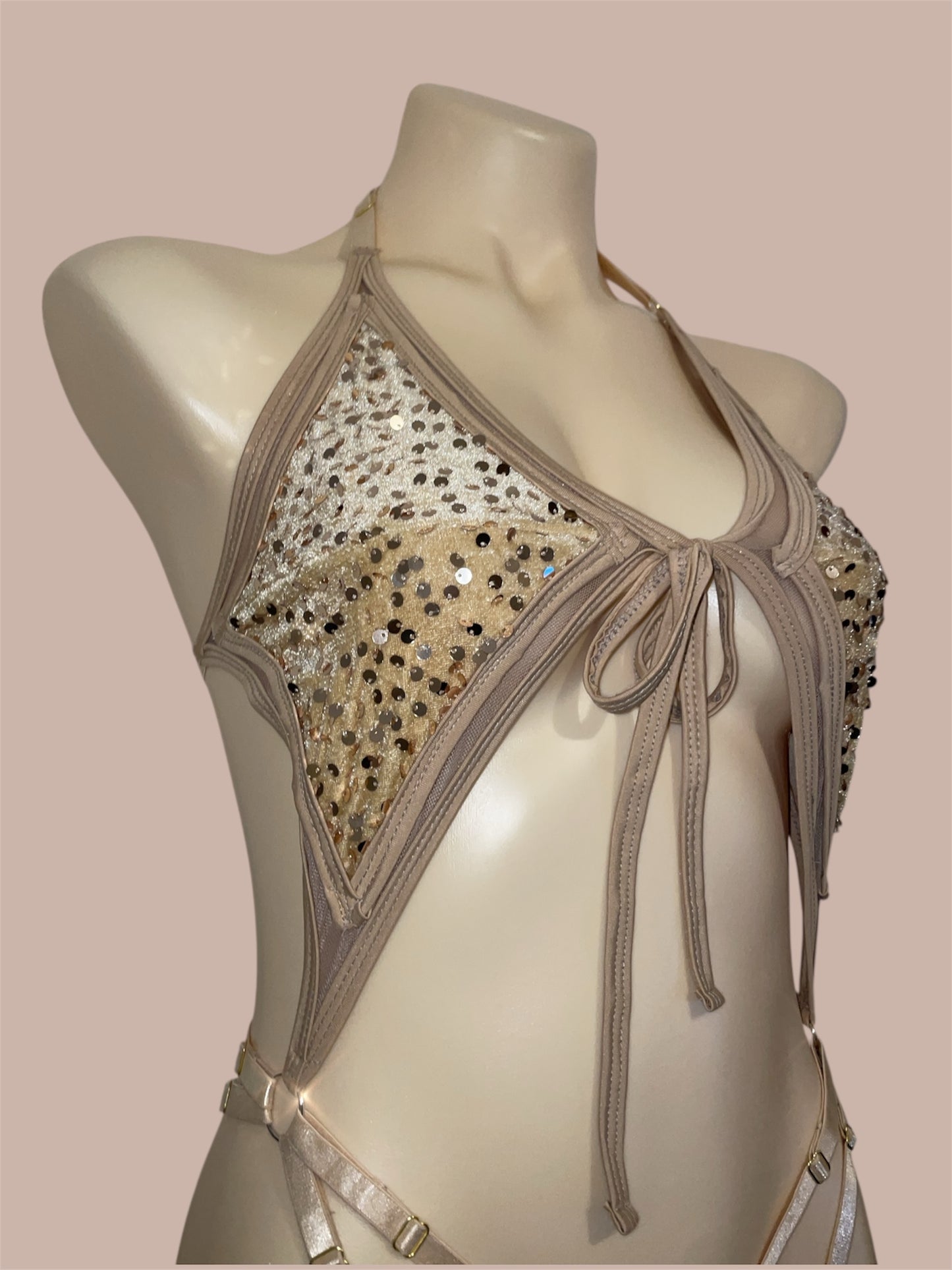 Baby bodysuit - Champagne Cloud – beige & gold sequins on creamy beige mesh