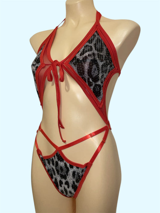 Baby bodysuit - Cheetahlicious – snow cheetah sequins on bold red mesh