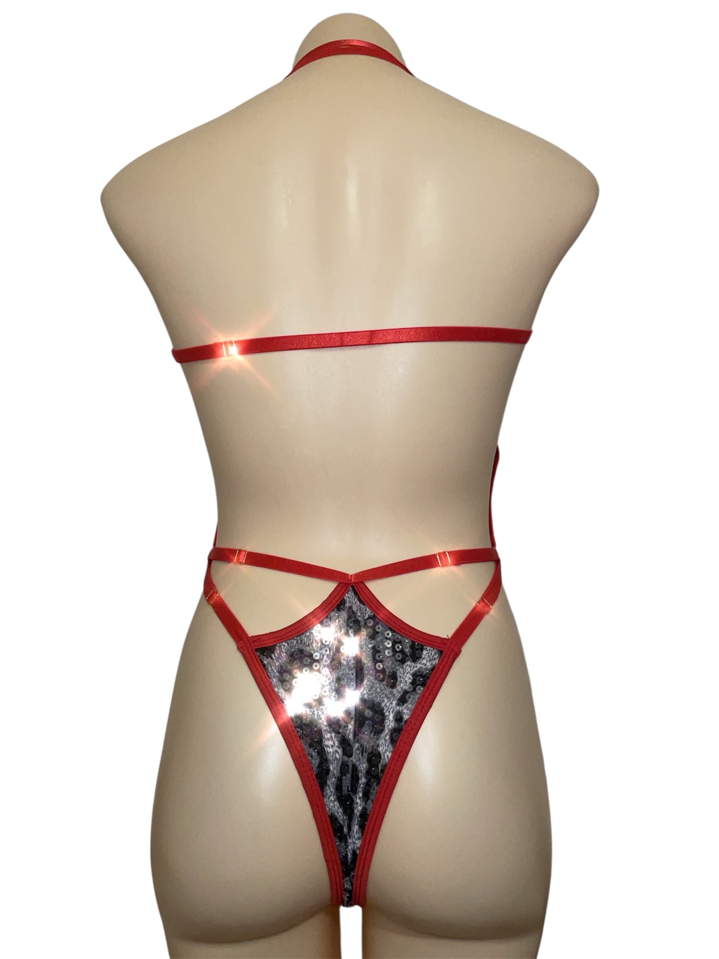 Baby bodysuit - Cheetahlicious – snow cheetah sequins on bold red mesh