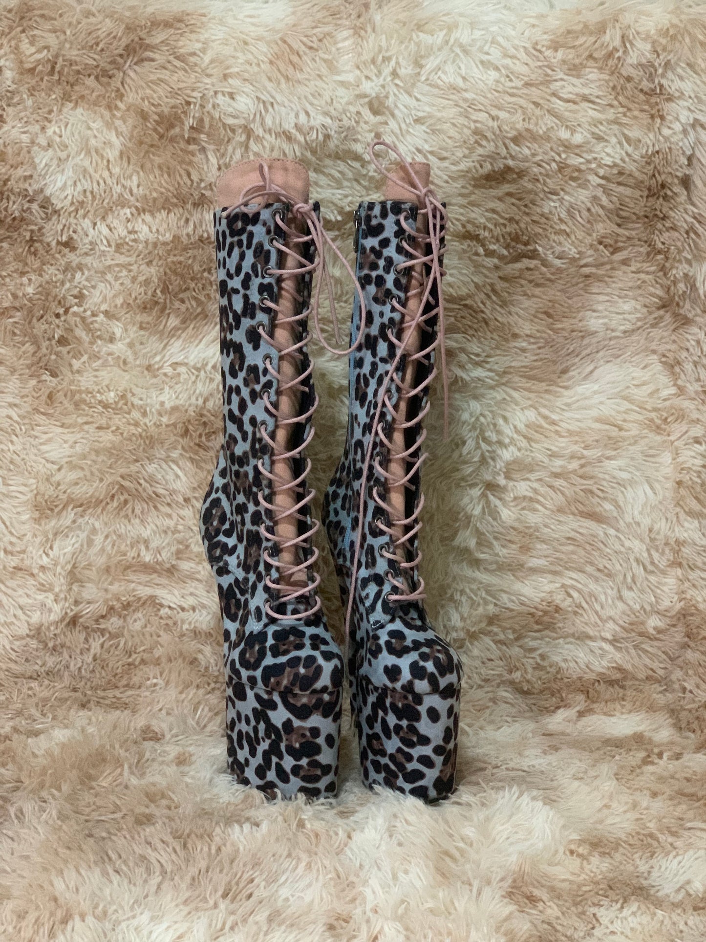 Safari Blue Leopard Print Boots 8 inch heels