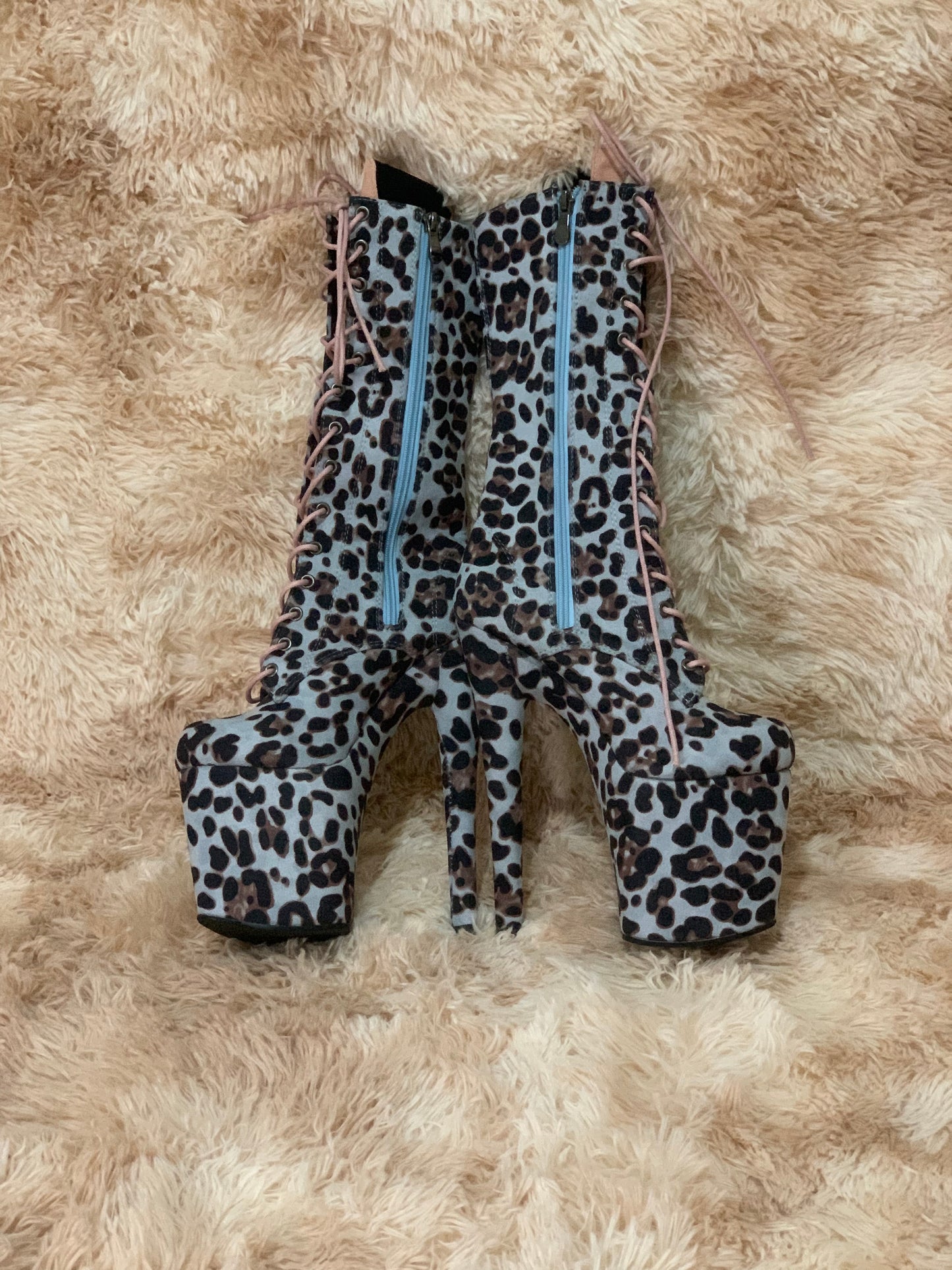 Safari Blue Leopard Print Boots 8 inch heels