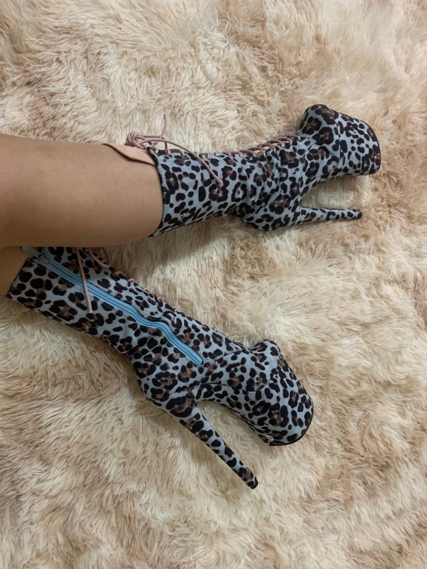 Safari Blue Leopard Print Boots 8 inch heels